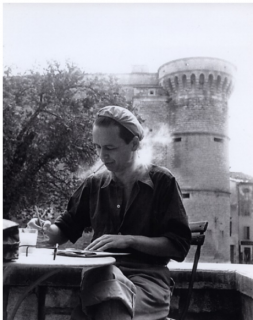 Victor Vasarely in front of the castle of Gordes, 1948, Photo by Willy Ronis